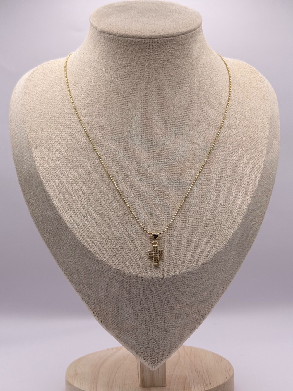 14K Gold Plated Cross Pendant Necklace | Pavé Crystal Cross on Beaded Chain 15"